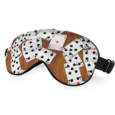 Playing Cards Poker Sleep Mask: Scattered Cards on Wood Grain Design