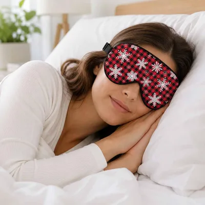 Red Plaid Snowflakes Sleep Mask: Cozy Winter Pattern for Rest