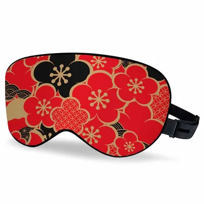 Japanese Floral Print Sleep Mask with Red and Gold Blossom Design