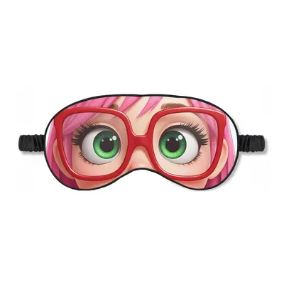 Anime Girl with Pink Sleep Mask: Big Green Eyes and Red Glasses