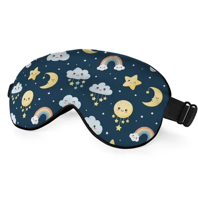 Cute Kawaii Night Sky Sleep Mask with Smiling Moons and Rainbows