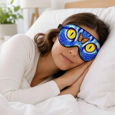 Blue Owl Face Sleep Mask with Bright Yellow Eyes and Butterfly